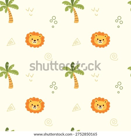 Tropical seamless pattern for apparel design, wallpaper, kids clothes. Colorful background with palm trees and lion head. Baby animal seamless pattern.