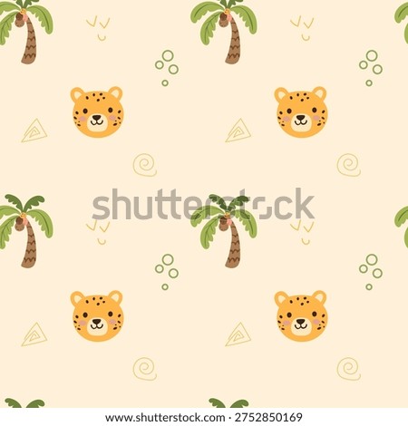 Tropical seamless pattern for apparel design, wallpaper, kids clothes. Colorful background with palm trees and cheetah head. Baby animal seamless pattern.