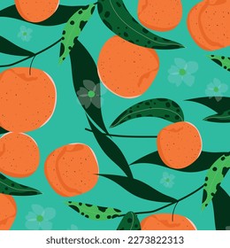 Patrón tropical sin fisuras con albaricoques en un fondo verde. Fondo de repetición de frutas. impresión brillante para tela o papel pintado.	