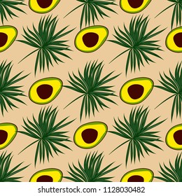 Tropical seamless pattern with avocado and leaves. Pattern for kitchen, covers and fabric.