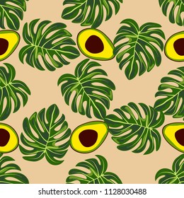 Tropical seamless pattern with avocado and leaves. Pattern for kitchen, covers and fabric.