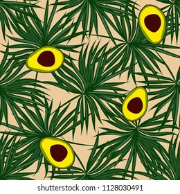 Tropical seamless pattern with avocado and leaves. Pattern for kitchen, covers and fabric.