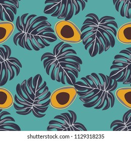 Tropical seamless pattern with avocado and leaves. Pattern for kitchen, covers and fabric.