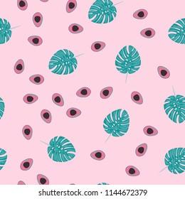 Tropical seamless pattern with avocado and leaves. Pattern for kitchen, covers and fabric.