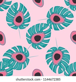 Tropical seamless pattern with avocado and leaves. Pattern for kitchen, covers and fabric.