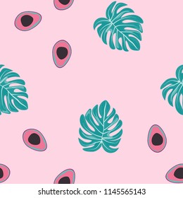 Tropical seamless pattern with avocado and leaves. Pattern for kitchen, covers and fabric.