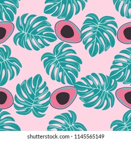 Tropical seamless pattern with avocado and leaves. Pattern for kitchen, covers and fabric.