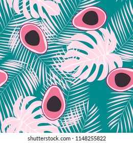 Tropical seamless pattern with avocado and leaves. Pattern for kitchen, covers and fabric.