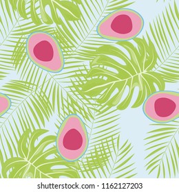 Tropical seamless pattern with avocado and leaves. Pattern for kitchen, covers and fabric.