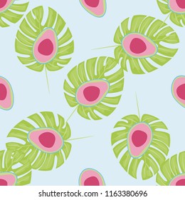 Tropical seamless pattern with avocado and leaves. Pattern for kitchen, covers and fabric.
