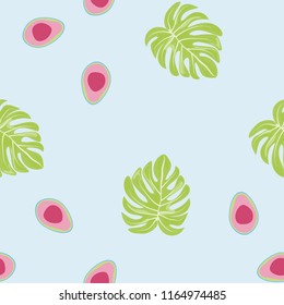 Tropical seamless pattern with avocado and leaves. Pattern for kitchen, covers and fabric.