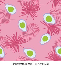 Tropical seamless pattern with avocado and leaves. Pattern for kitchen, covers and fabric.