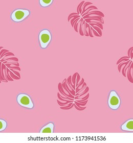 Tropical seamless pattern with avocado and leaves. Pattern for kitchen, covers and fabric.
