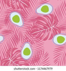 Tropical seamless pattern with avocado and leaves. Pattern for kitchen, covers and fabric.