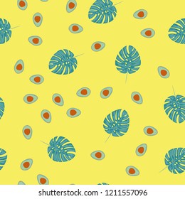 Tropical seamless pattern with avocado and leaves. Pattern for kitchen, covers and fabric.