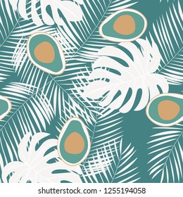 Tropical seamless pattern with avocado and leaves. Pattern for kitchen, covers and fabric.