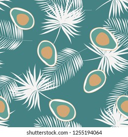 Tropical seamless pattern with avocado and leaves. Pattern for kitchen, covers and fabric.