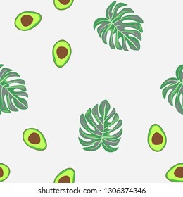 Tropical seamless pattern with avocado and leaves. Pattern for kitchen, covers and fabric.