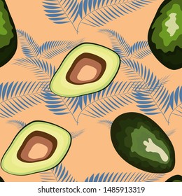 Tropical seamless pattern with avocado and leaves. Pattern for kitchen, covers and fabric.