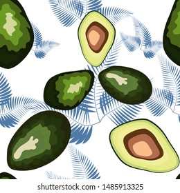 Tropical seamless pattern with avocado and leaves. Pattern for kitchen, covers and fabric.