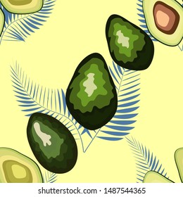 Tropical seamless pattern with avocado and leaves. Pattern for kitchen, covers and fabric.