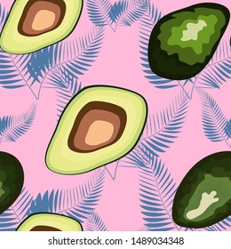 Tropical seamless pattern with avocado and leaves. Pattern for kitchen, covers and fabric.