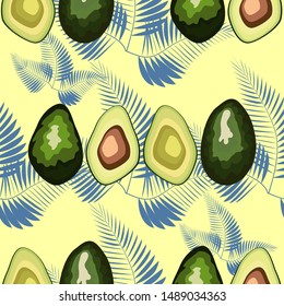Tropical seamless pattern with avocado and leaves. Pattern for kitchen, covers and fabric.
