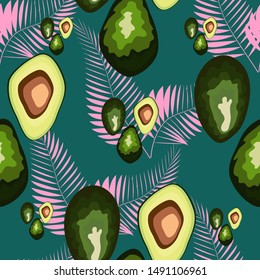 Tropical seamless pattern with avocado and leaves. Pattern for kitchen, covers and fabric.