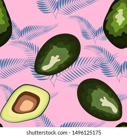 Tropical seamless pattern with avocado and leaves. Pattern for kitchen, covers and fabric.
