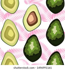 Tropical seamless pattern with avocado and leaves. Pattern for kitchen, covers and fabric.