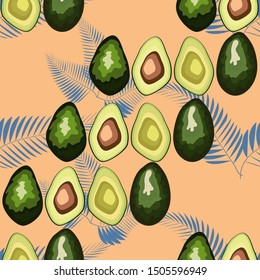 Tropical seamless pattern with avocado and leaves. Pattern for kitchen, covers and fabric.