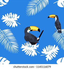Tropical Seamless pattern background with  birds  and plants  in hand  drawn  style.