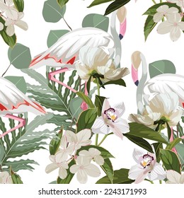 Tropical seamless  pattern background with exotic orchid flowers, leaves, bird of paradise flamingo. Vintage botanical illustration.