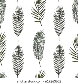Tropical seamless pattern. Background with palm leaves. Hand drawn vector illustration. Perfect for prints, posters, invitations, textile, packing etc