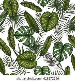 Tropical seamless pattern. Background with Palm leaves (monstera, areca, fan, banana). Hand drawn vector illustration. Perfect for prints, posters, invitations, textile, packing 