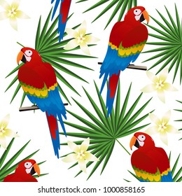 Tropical seamless pattern background with parrots and tropical leaves. Summer vector illustration design. Parrots background. Exotic background poster