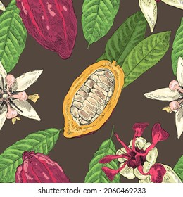 Tropical seamless pattern backgrounds from cocoa beans, cacao leaves and flowers. Wallpaper template design. Hand drawn vector illustration.