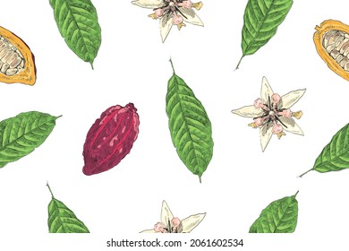 Tropical seamless pattern backgrounds from cocoa beans, cacao leaves and flowers. Wallpaper template design. Hand drawn vector illustration.