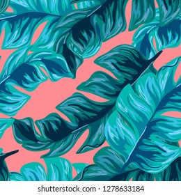 Tropical seamless pattern with banana leaves. Tropical leaves. Turquoise tropical leaves.