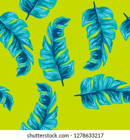 Tropical seamless pattern with banana leaves. Tropical leaves. Turquoise tropical leaves.
