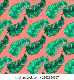 Tropical seamless pattern with banana leaves. Tropical leaves. Turquoise tropical leaves.