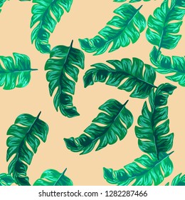 Tropical seamless pattern with banana leaves. Tropical leaves. Turquoise tropical leaves.