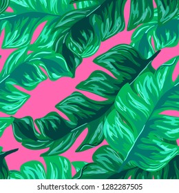 Tropical seamless pattern with banana leaves. Tropical leaves. Turquoise tropical leaves.