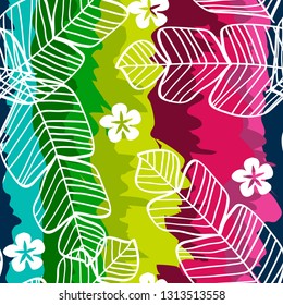 Tropical seamless pattern with banana leaves and flowers on a bright rainbow background.