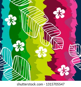 Tropical seamless pattern with banana leaves and flowers on a bright rainbow background.