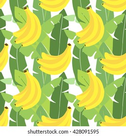 Tropical seamless pattern. Banana leaves, fruit. Flat design. Jungle vector illustration background