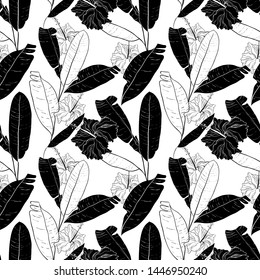 Tropical seamless pattern with banana palm leafs and hibiscus flower. Floral texture.