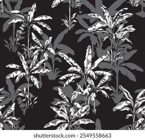 Tropical seamless pattern with banana palm trees. Botanical illustration. Black and white sketch. Vector natural elements on a black background.