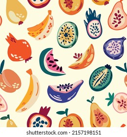 Tropical seamless pattern with banana,pear,apple,peach and pomegranate.Vector exotic background.Summer fruit pattern.Wrapping paper with fruits.