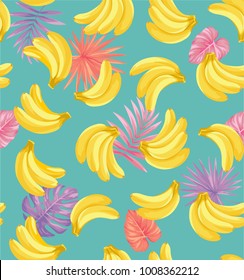 Tropical seamless pattern with bananas and palm leaves. Vector illustration.